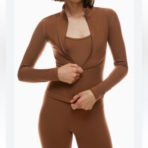 Aritzia SET TnaBUTTER Zip-Up in Rich Brown and Flare Leggings